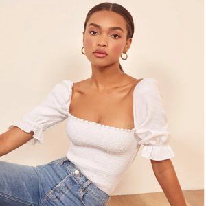 Reformation Women's White Linen Puff Sleeve Clementine Top XS
